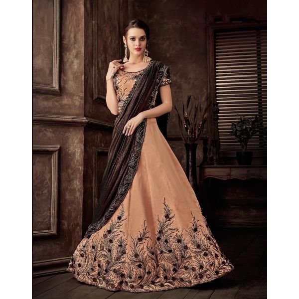 Heavy Embroidered Peach Color Bridal Look Fancy Lehenga Choli In Net Fabric